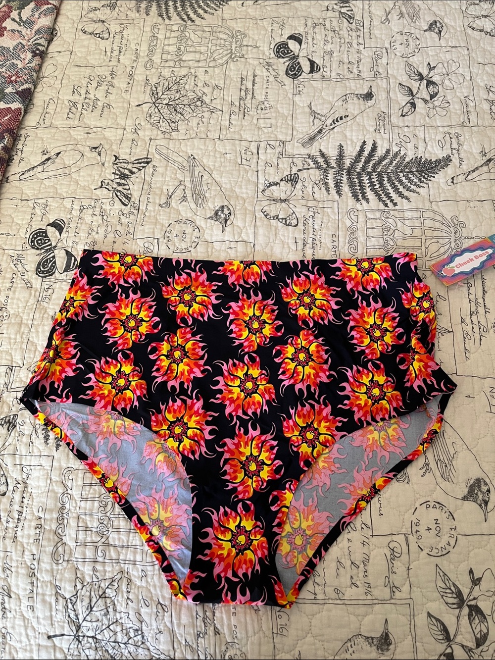 Cheek Boss Brief Floral Flame Print Panty - Black/Neon